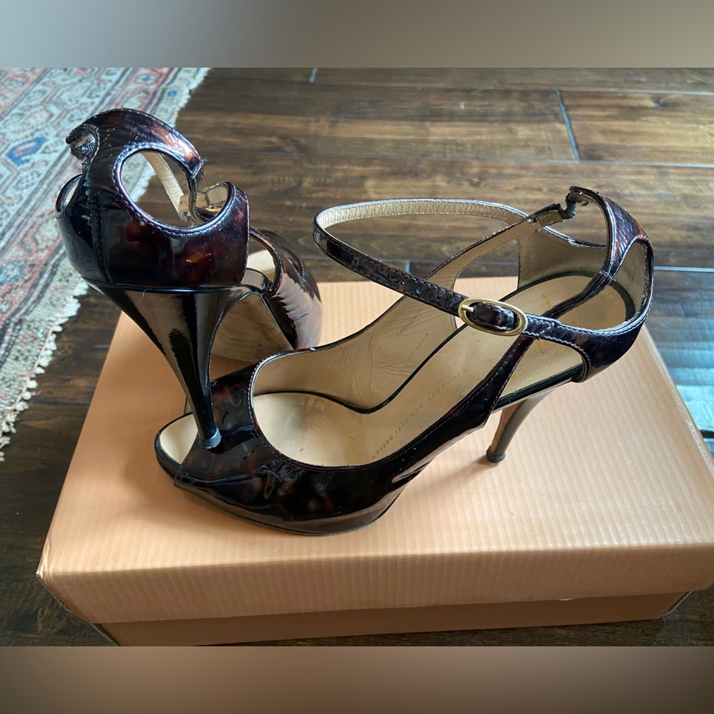 Giuseppe Zanotti patent tortoise brown platform peep toe leather heels shoes